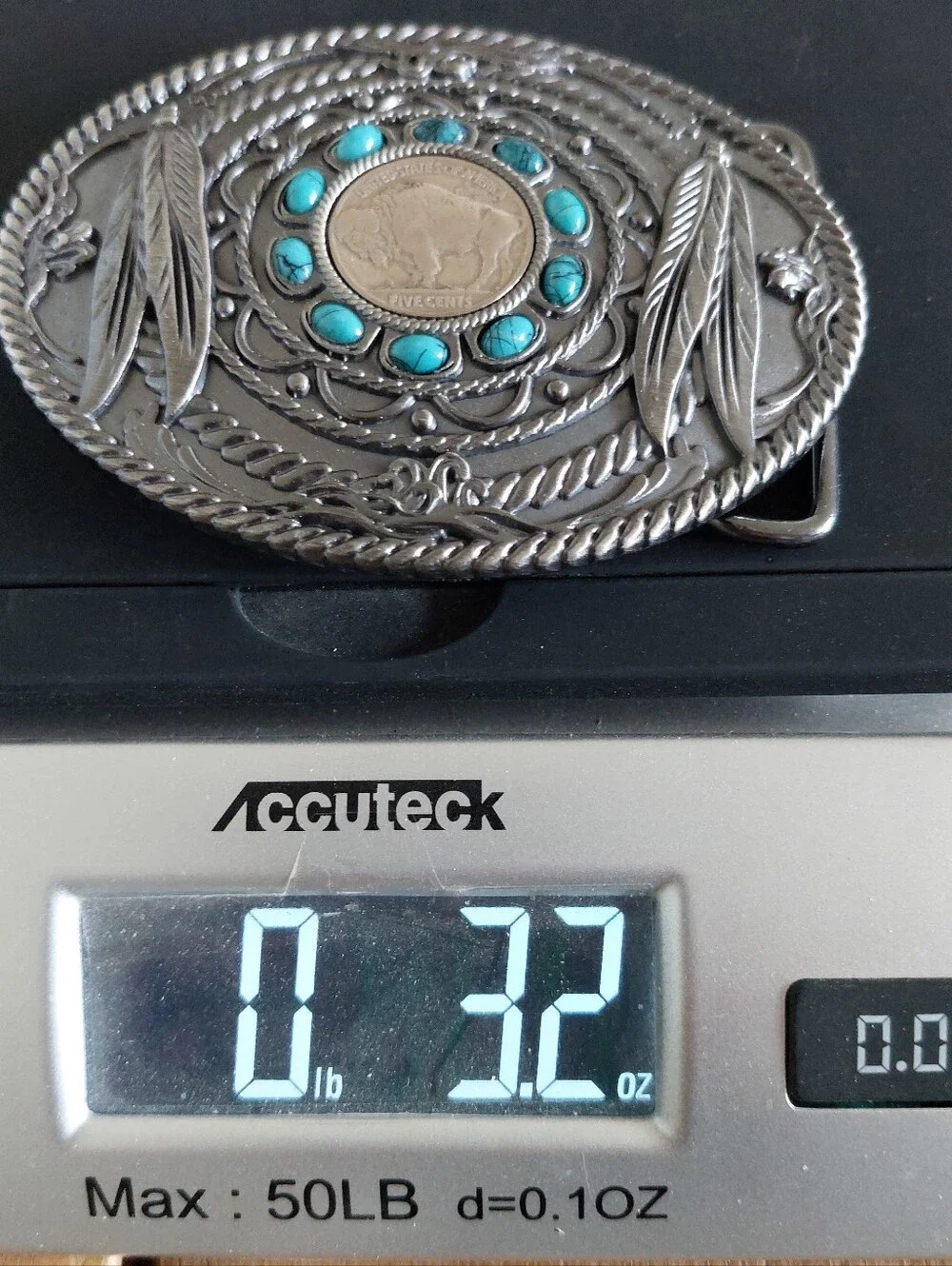 Southwestern Feather Buffalo Nickel Coin with Faux Turquoise Stone Belt Buckle